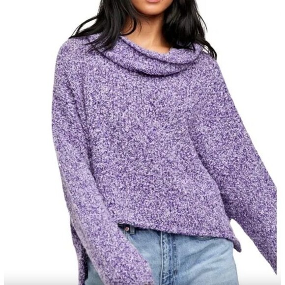 Free People BFF Pullover Sweater Purple Grape Plush Cowl Neck Boxy Oversized Sm - Picture 1 of 13